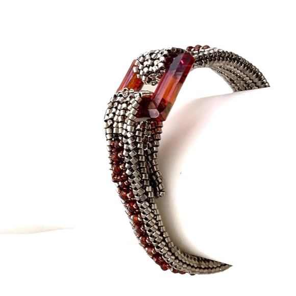 bracelet 7" strand glass seed beads handmade w/square glass clasp silver red - Picture 3 of 16